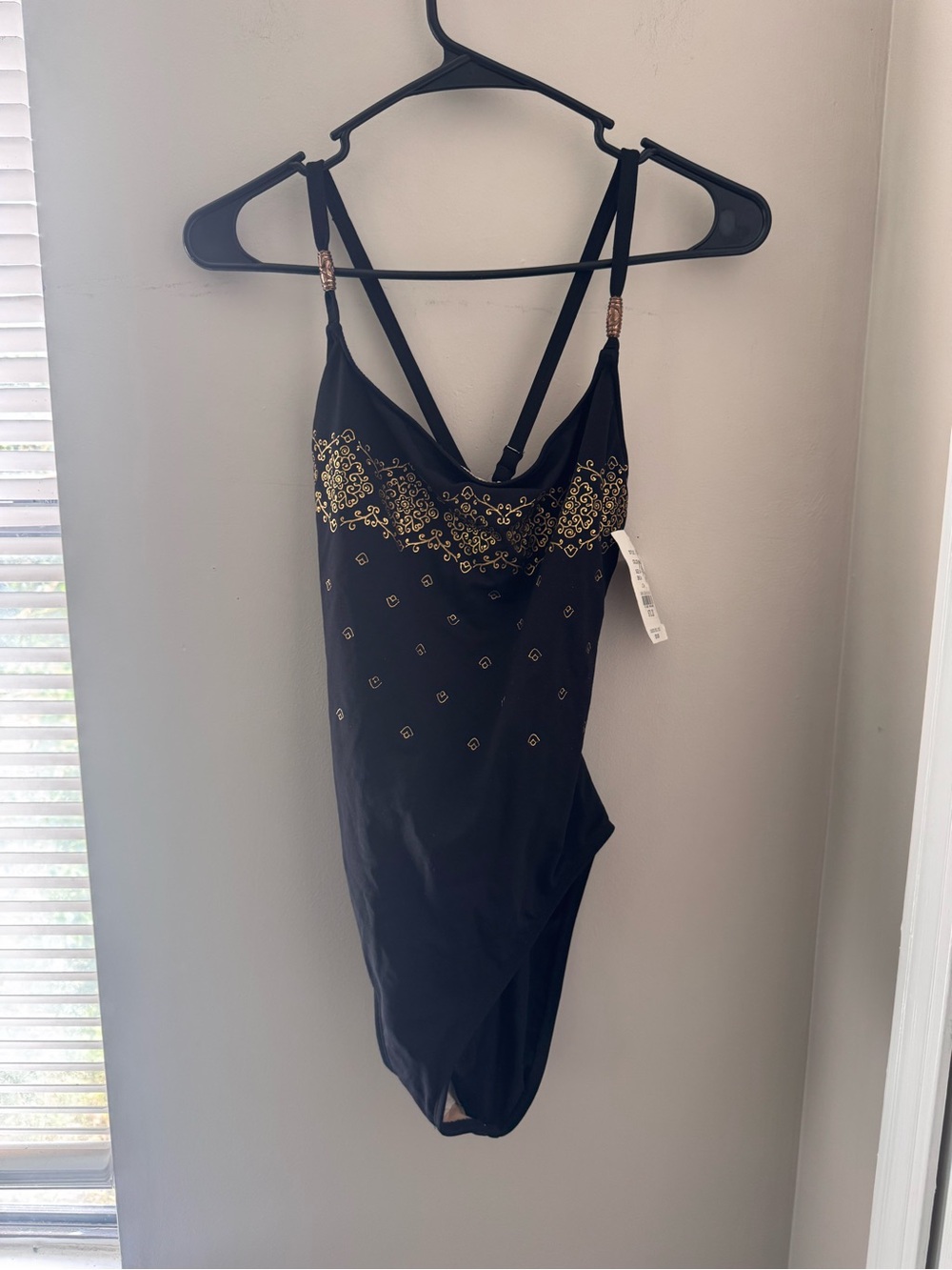 Ocean Avenue Black One Piece Swimsuit Gold Metallic Embroidered NWT 14
